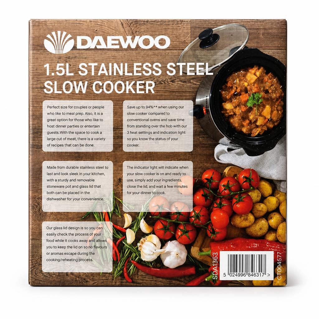 Daewoo 1.5L Stainless Steel Slow Cooker box back