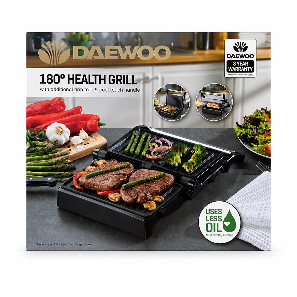 Front view of Daewoo 180° Health Grill packaging