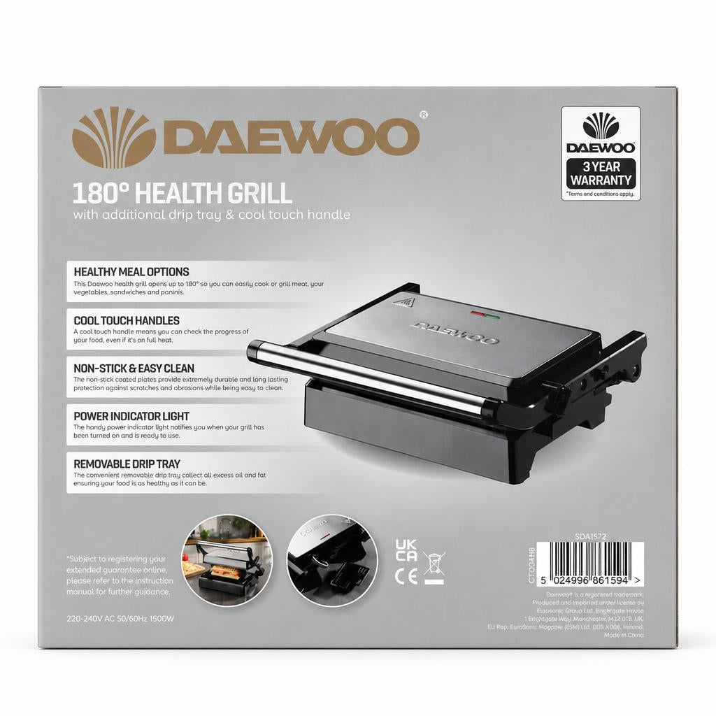 Back view of Daewoo 180° Health Grill packaging
