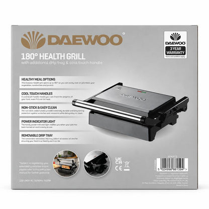 Back view of Daewoo 180° Health Grill packaging