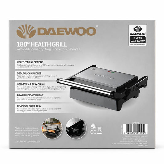 Back view of Daewoo 180° Health Grill packaging