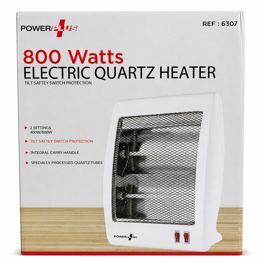Front of PowerPlus 800W Electric Quartz Heater packaging
