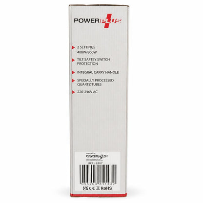 Side of PowerPlus 800W Electric Quartz Heater packaging showing features