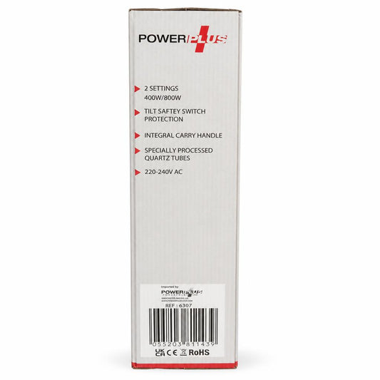 Side of PowerPlus 800W Electric Quartz Heater packaging showing features