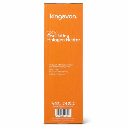 Kingavon 1200W Oscillating Halogen Heater side packaging with details