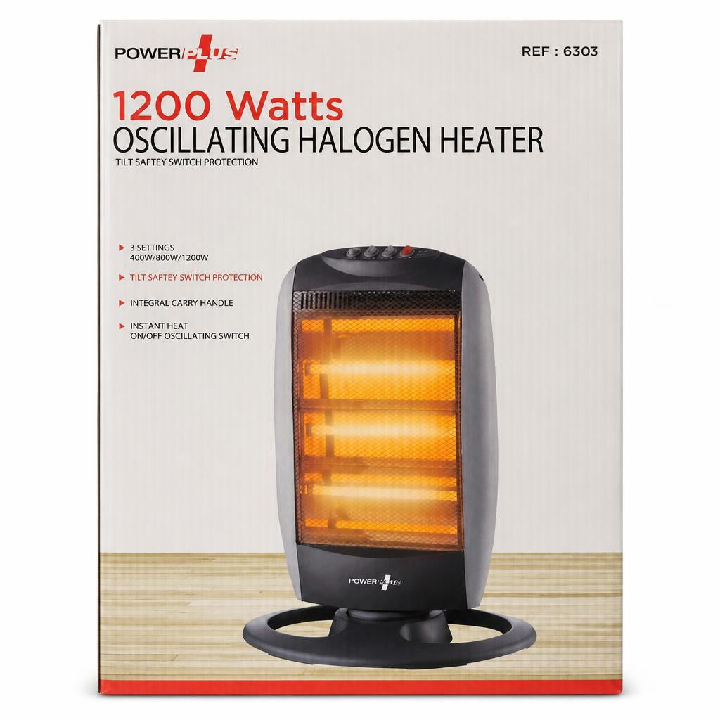 Front view of PowerPlus Oscillating Halogen Heater packaging