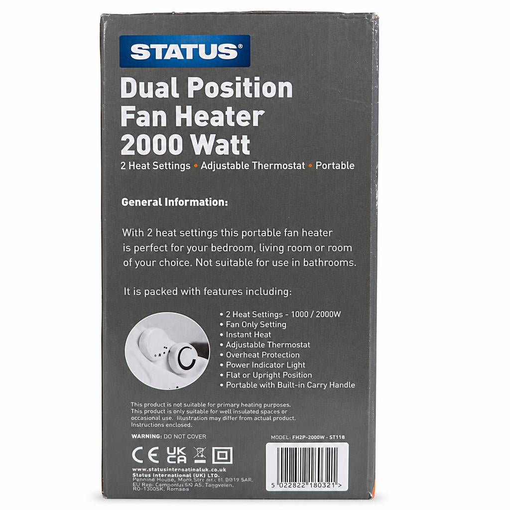 Status Dual Position Fan Heater 2000 Watts - Back Packaging