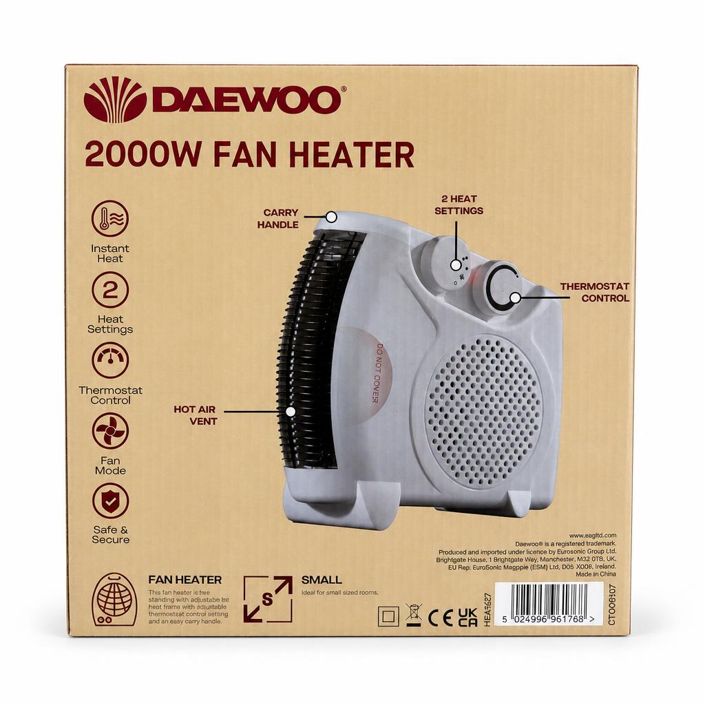 Side view showing Daewoo fan heater features and barcode