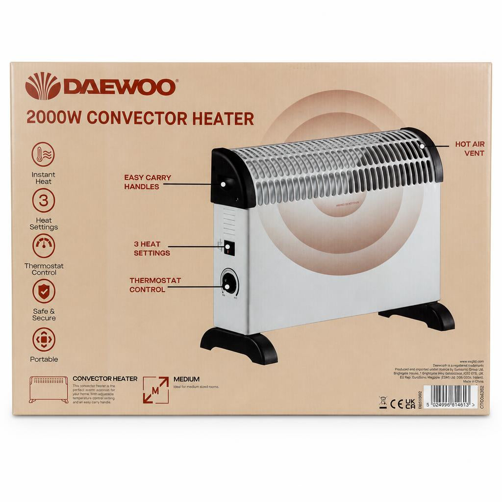 Daewoo 2000W Convector Heater packaging back with features outlined.