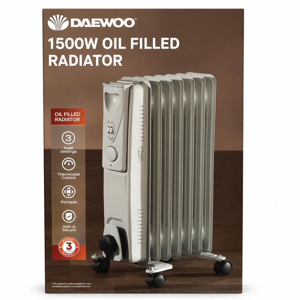 Front view of Daewoo 1500W Oil Filled Radiator packaging