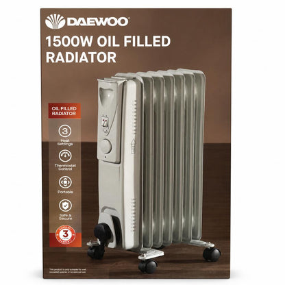 Front view of Daewoo 1500W Oil Filled Radiator packaging