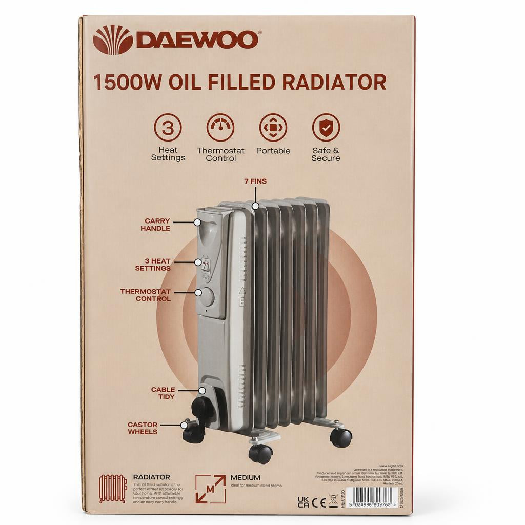 Back view of Daewoo 1500W Oil Filled Radiator packaging