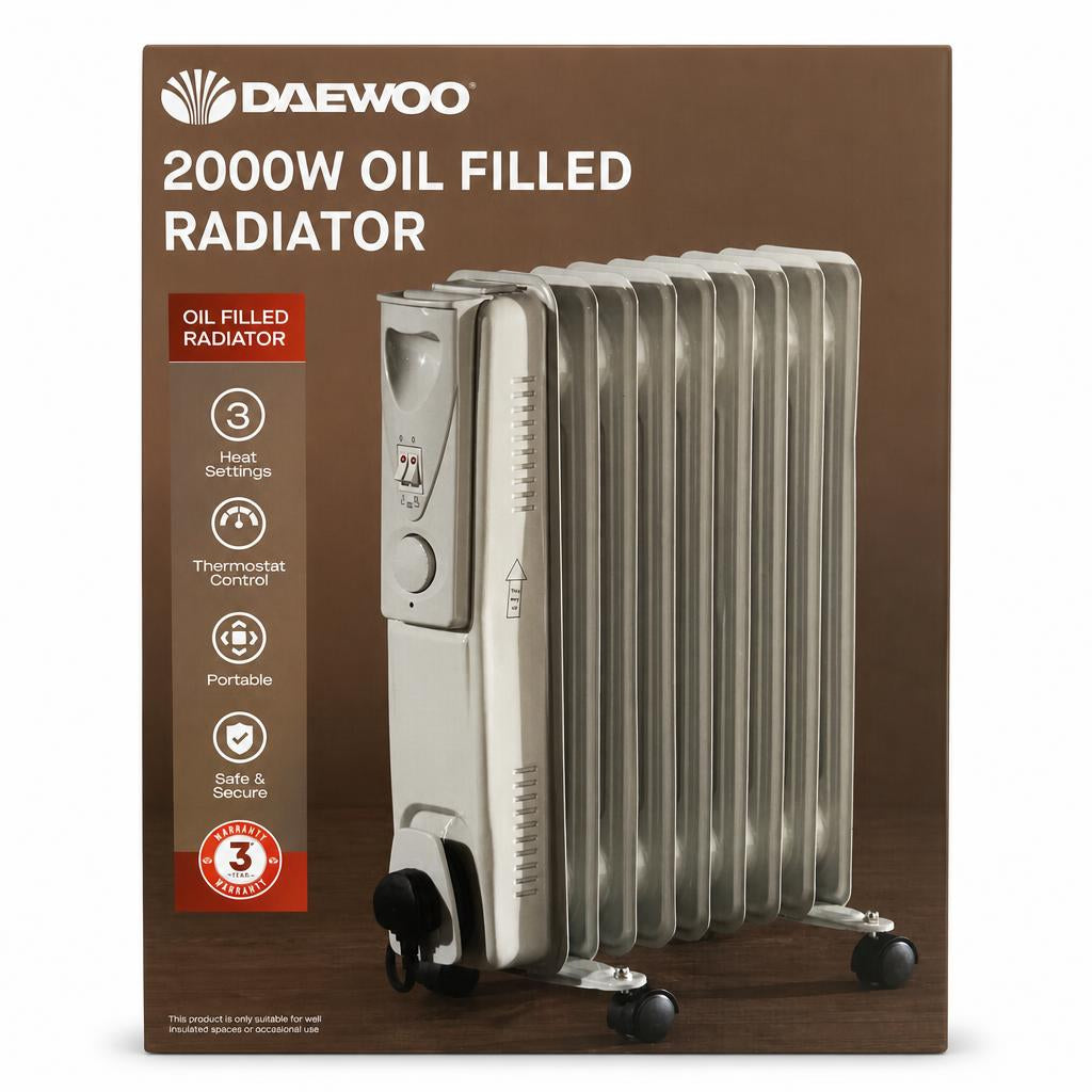 Daewoo 2000W Oil Filled Radiator front packaging