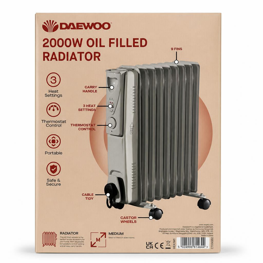 Daewoo 2000W Oil Filled Radiator back packaging