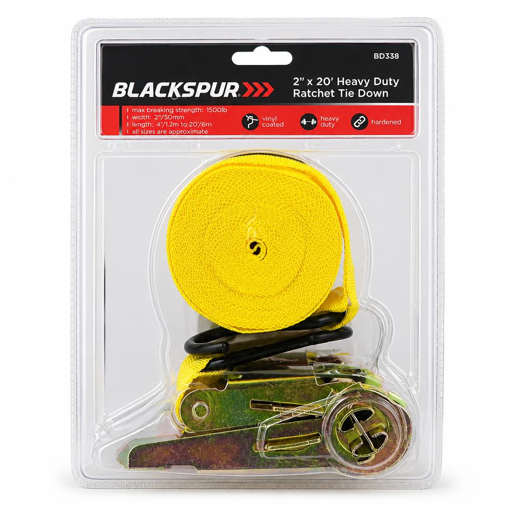 Blackspur 2" x 20' Heavy Duty Ratchet Tie Down Packaging Front