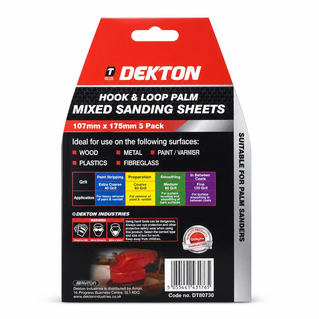 Dekton Hook & Loop Palm Mixed Sanding Sheets packaging back view