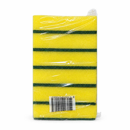 Pack of 6 yellow and green cleaning sponges with barcode