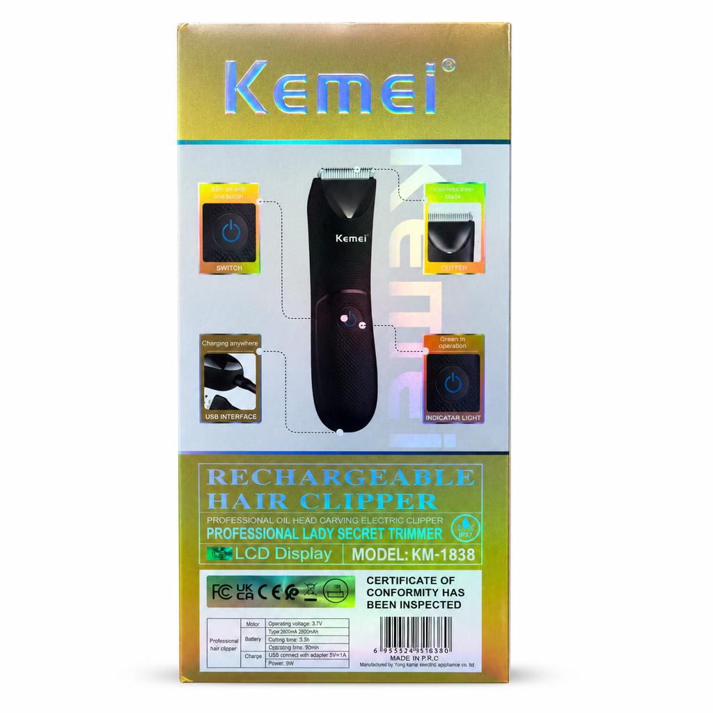 Kemei Rechargeable Hair Clipper KM-1838 packaging back view
