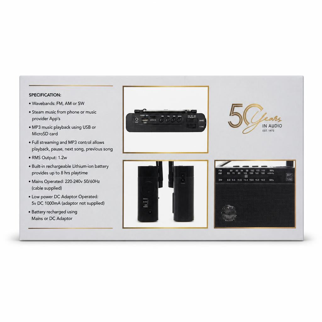 Lloytron AM/FM/SW Rechargeable Radio packaging back view