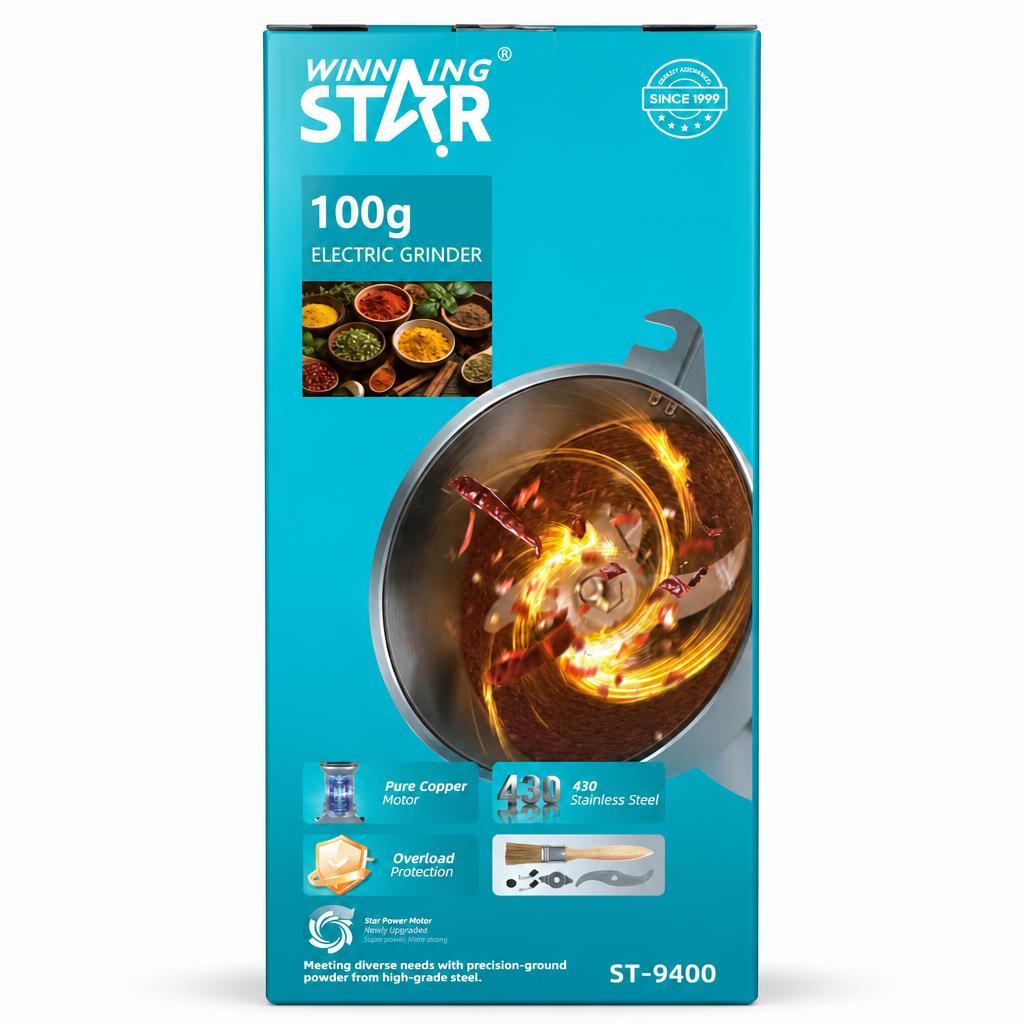 Winning Star 100g Electric Grinder packaging back with features listed.