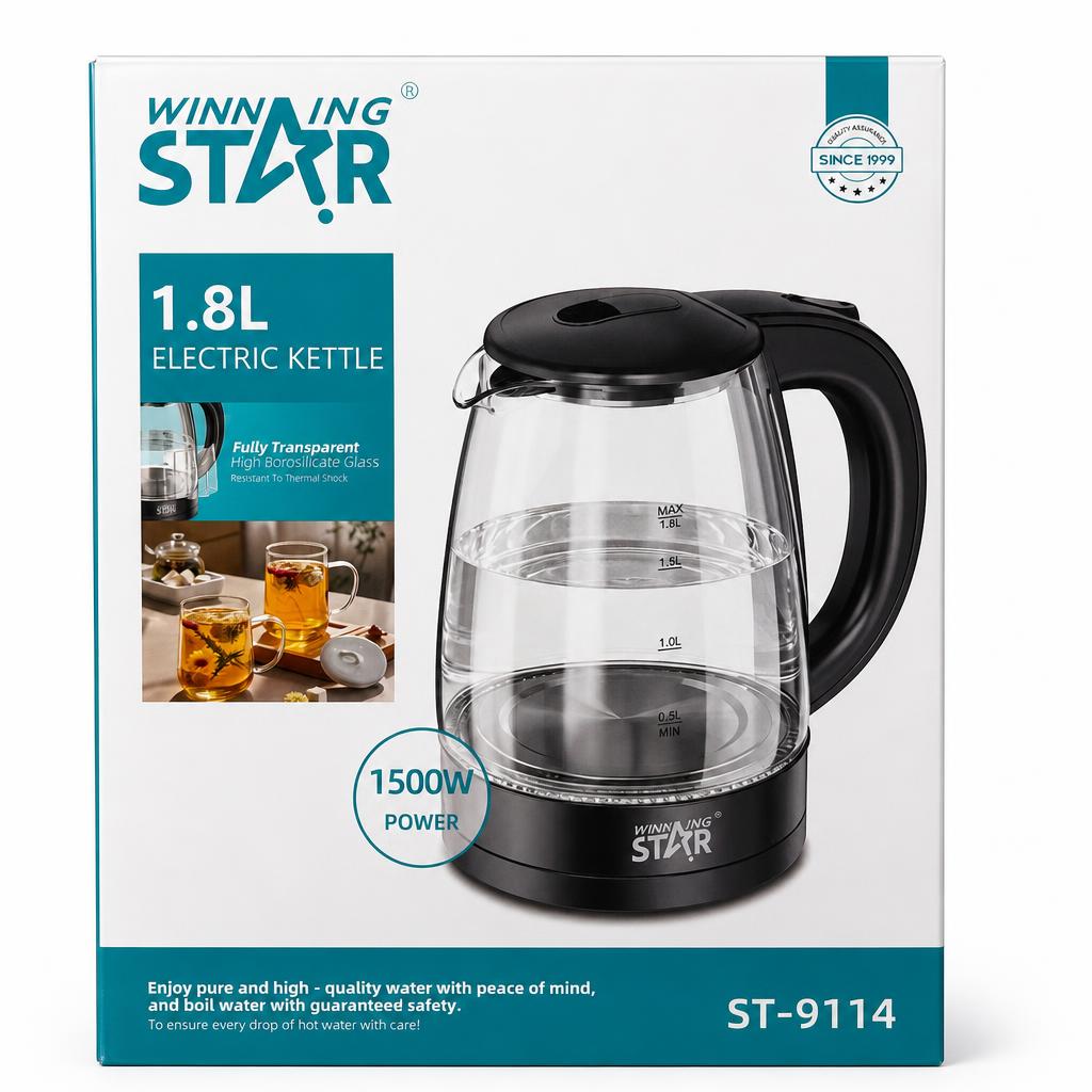 Winning Star 1.8L Electric Kettle with Transparent Glass Packaging Front