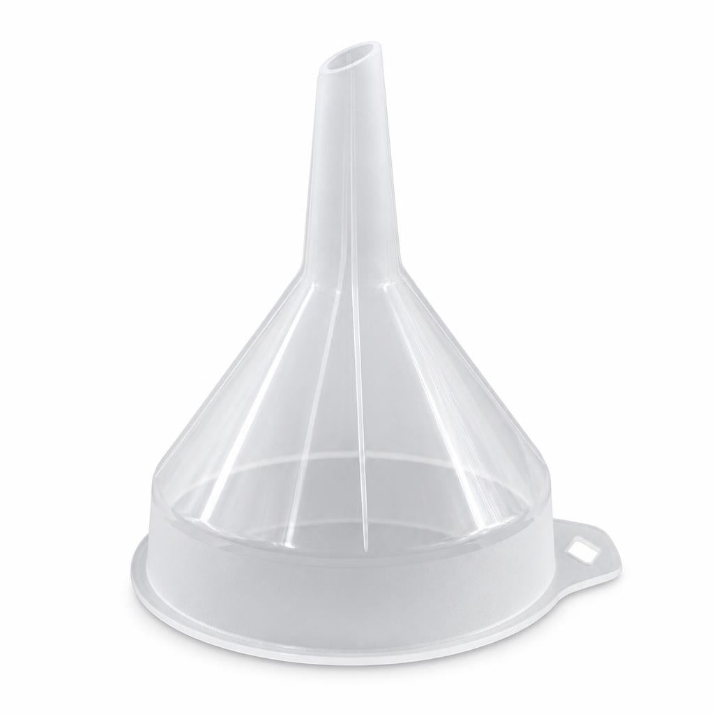 Clear plastic funnel with barcode label