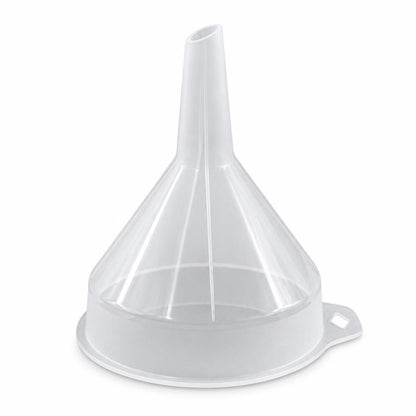 Clear plastic funnel with barcode label