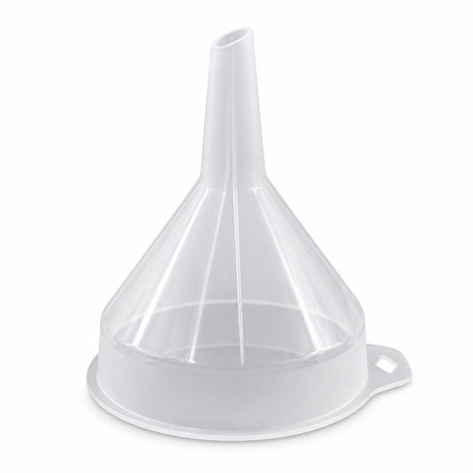 Clear plastic funnel with barcode label
