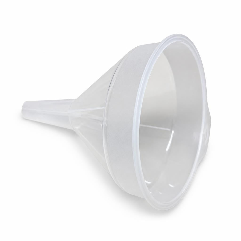Side view of clear plastic funnel with handle