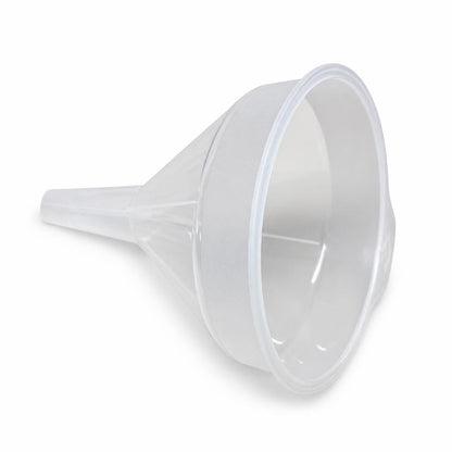 Side view of clear plastic funnel with handle