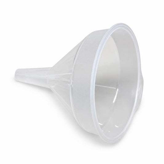 Side view of clear plastic funnel with handle