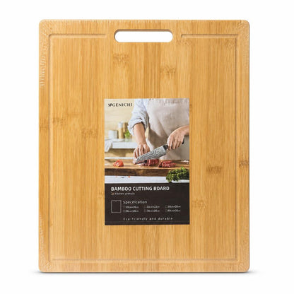Front view of Genichi Bamboo Cutting Board packaging