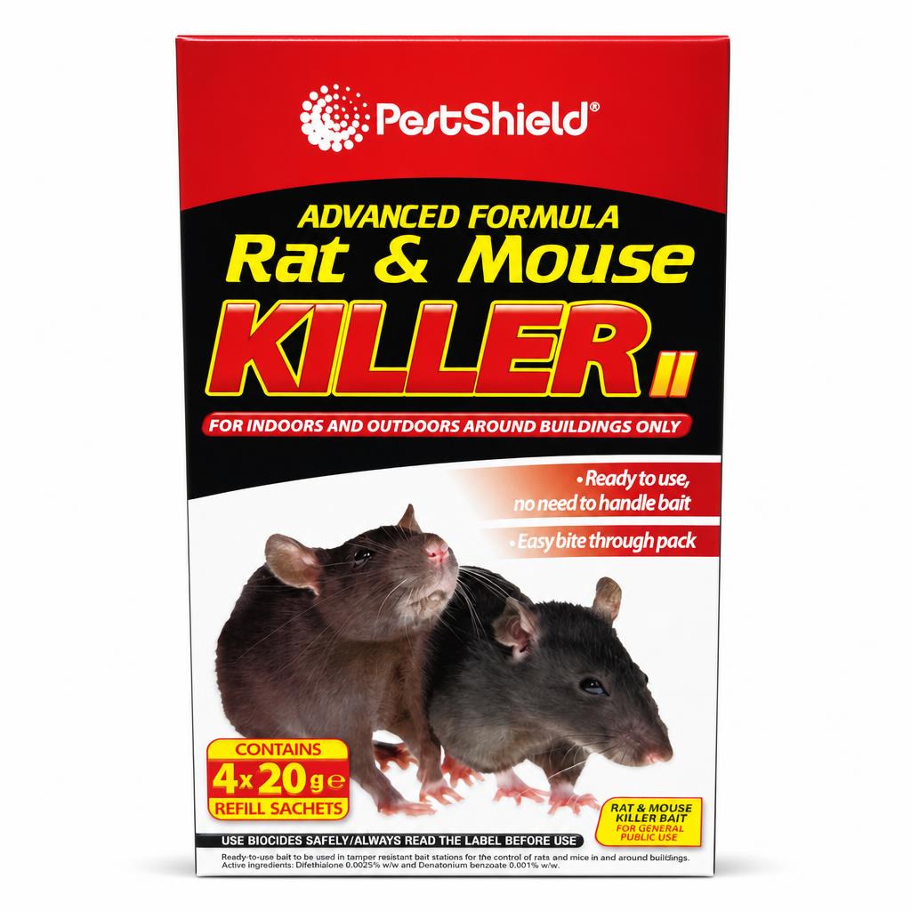 Front view of PestShield Rat & Mouse Killer II packaging showing product details