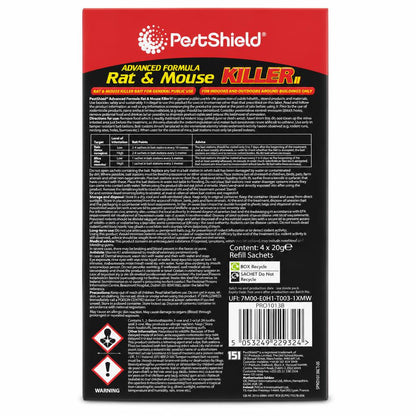 Back view of PestShield Rat & Mouse Killer II packaging with instructions and warnings