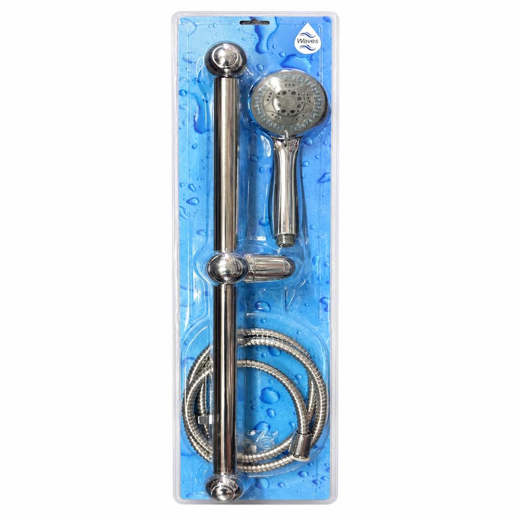 Waves shower head kit with hose and rail