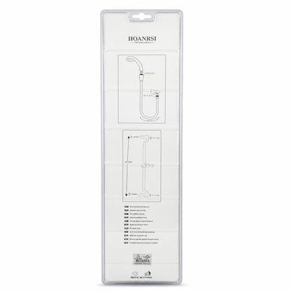 Back of packaged shower head set indicating features and specifications