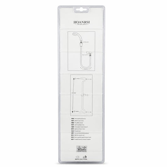 Back of packaged shower head set indicating features and specifications