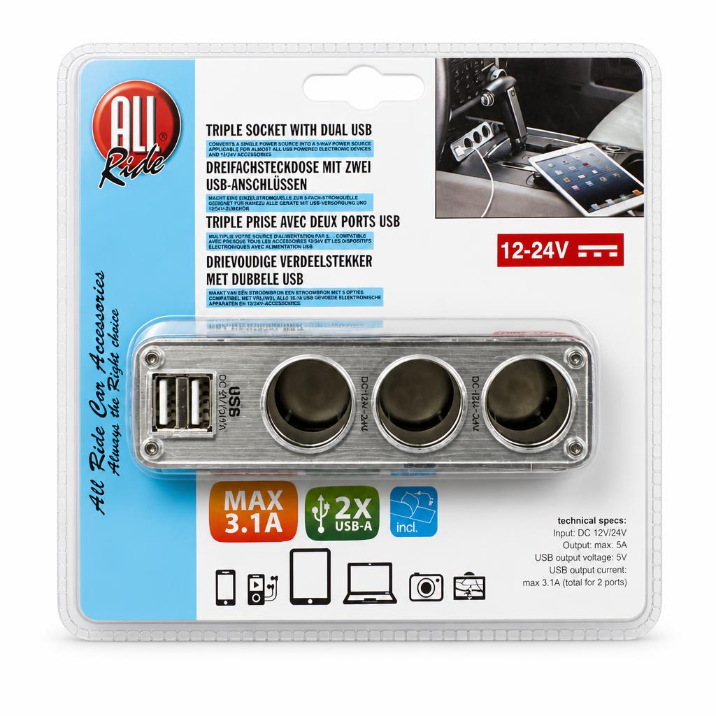 All Ride Car Triple Socket with Dual USB packaging front