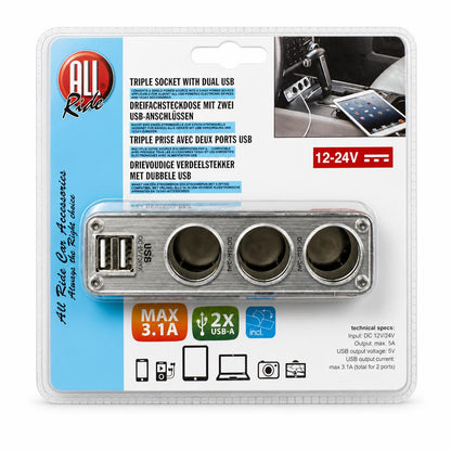 All Ride Car Triple Socket with Dual USB packaging front