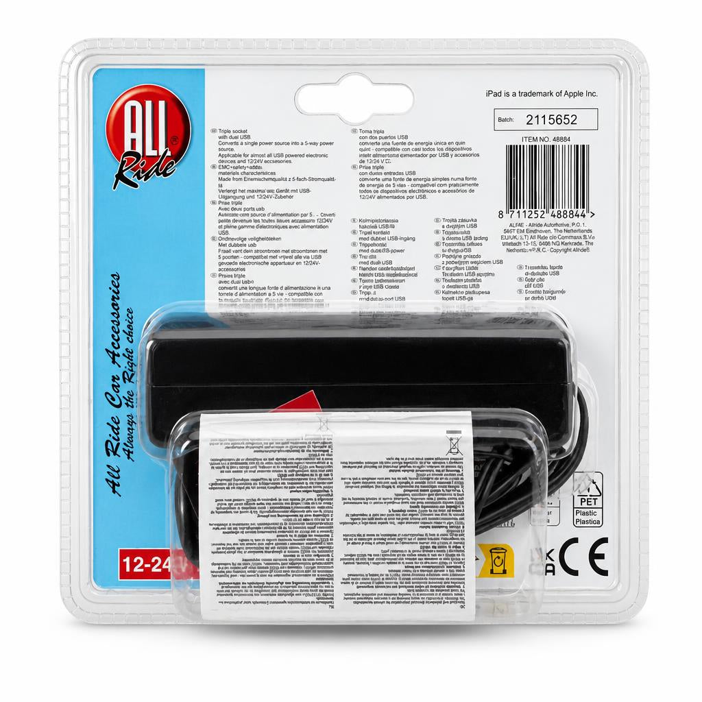 All Ride Car Triple Socket with Dual USB packaging back