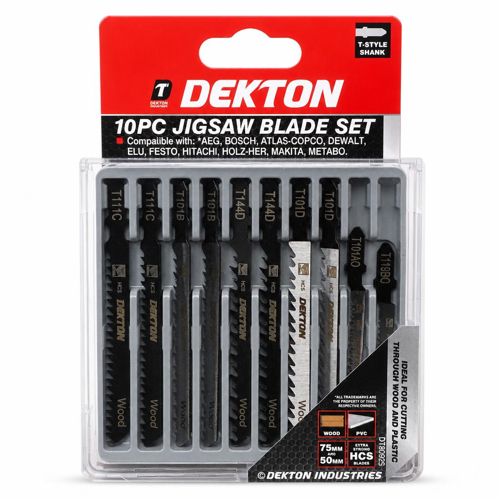 Front view of Dekton 10PC Jigsaw Blade Set packaging