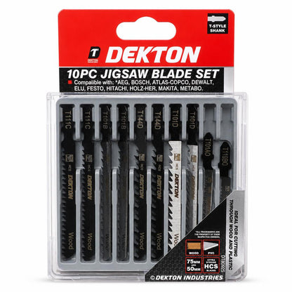 Front view of Dekton 10PC Jigsaw Blade Set packaging