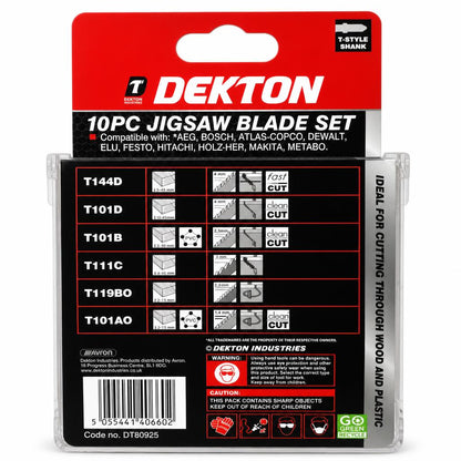 Back view of Dekton 10PC Jigsaw Blade Set packaging