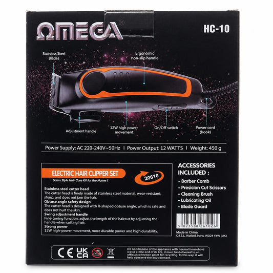 Omega HC-10 Electric Hair Clipper Set packaging back view