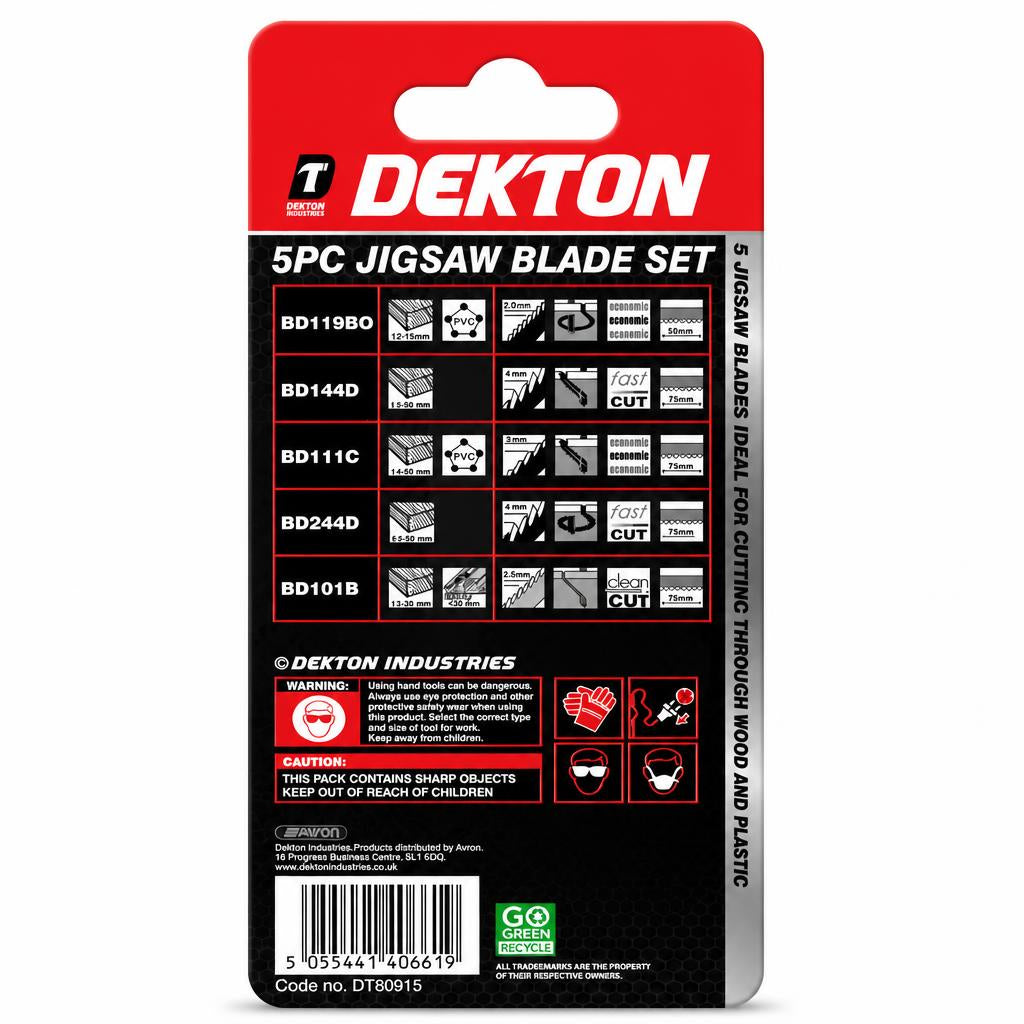 Dekton 5pc Jigsaw Blade Set packaging back view
