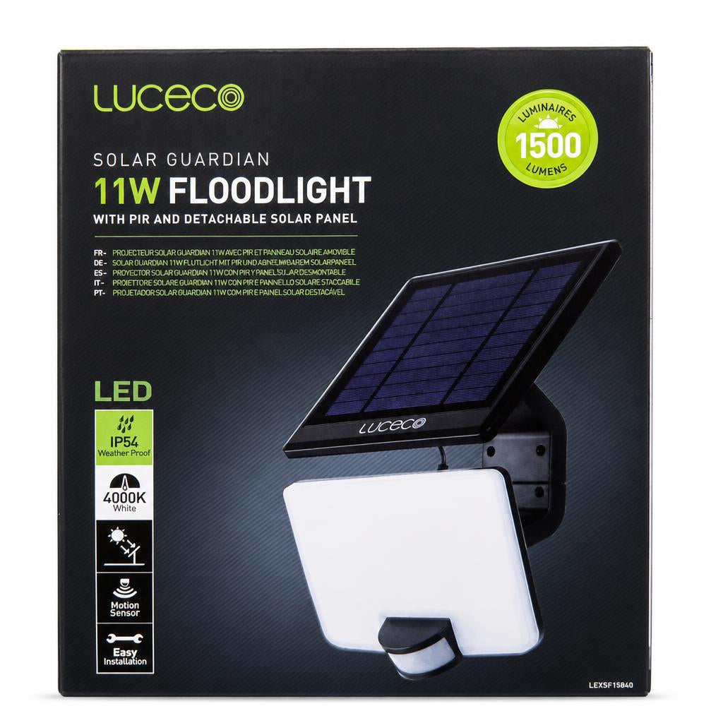 Front view of Luceco Solar Guardian 11W Floodlight packaging