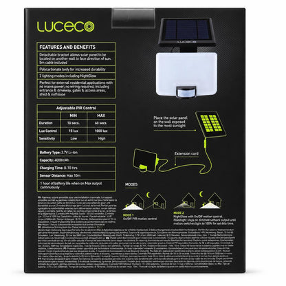 Back view of Luceco Solar Guardian 11W Floodlight packaging with features