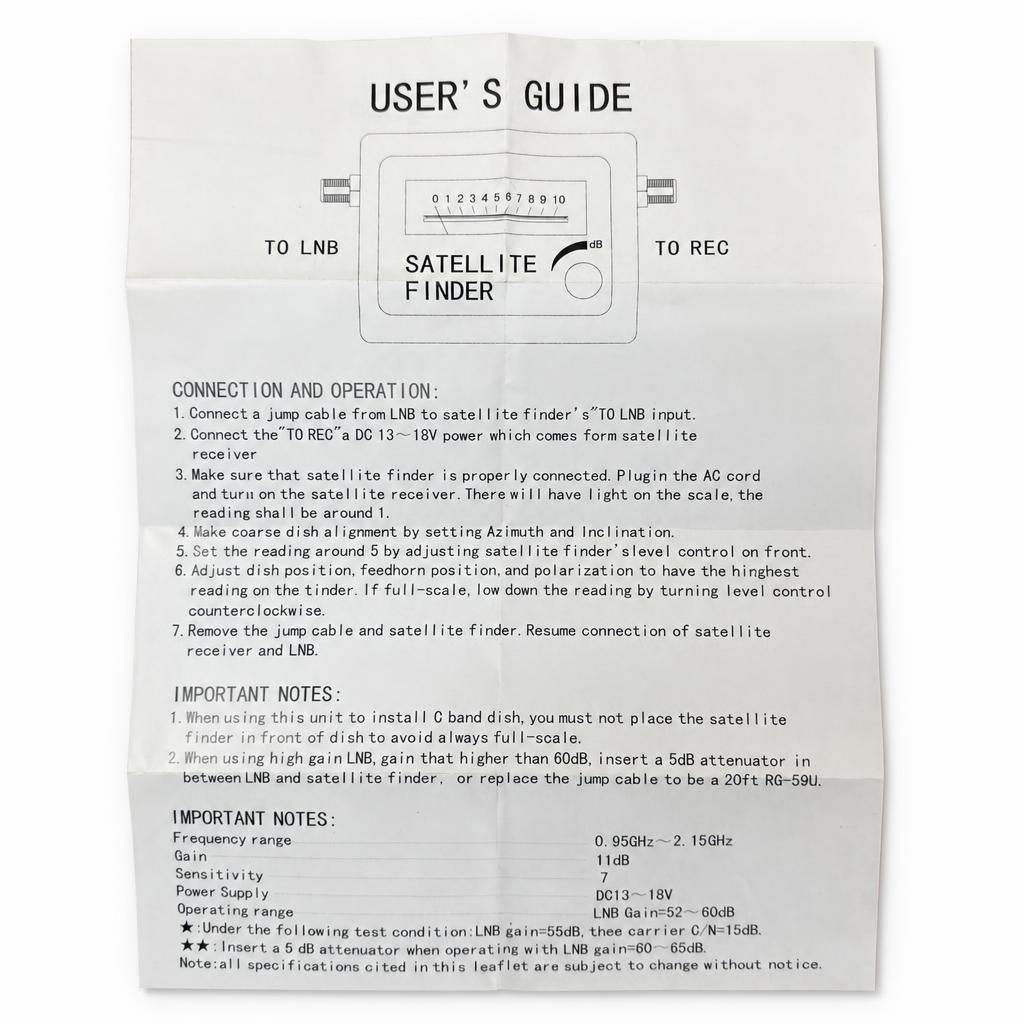 User's guide for satellite finder with instructions