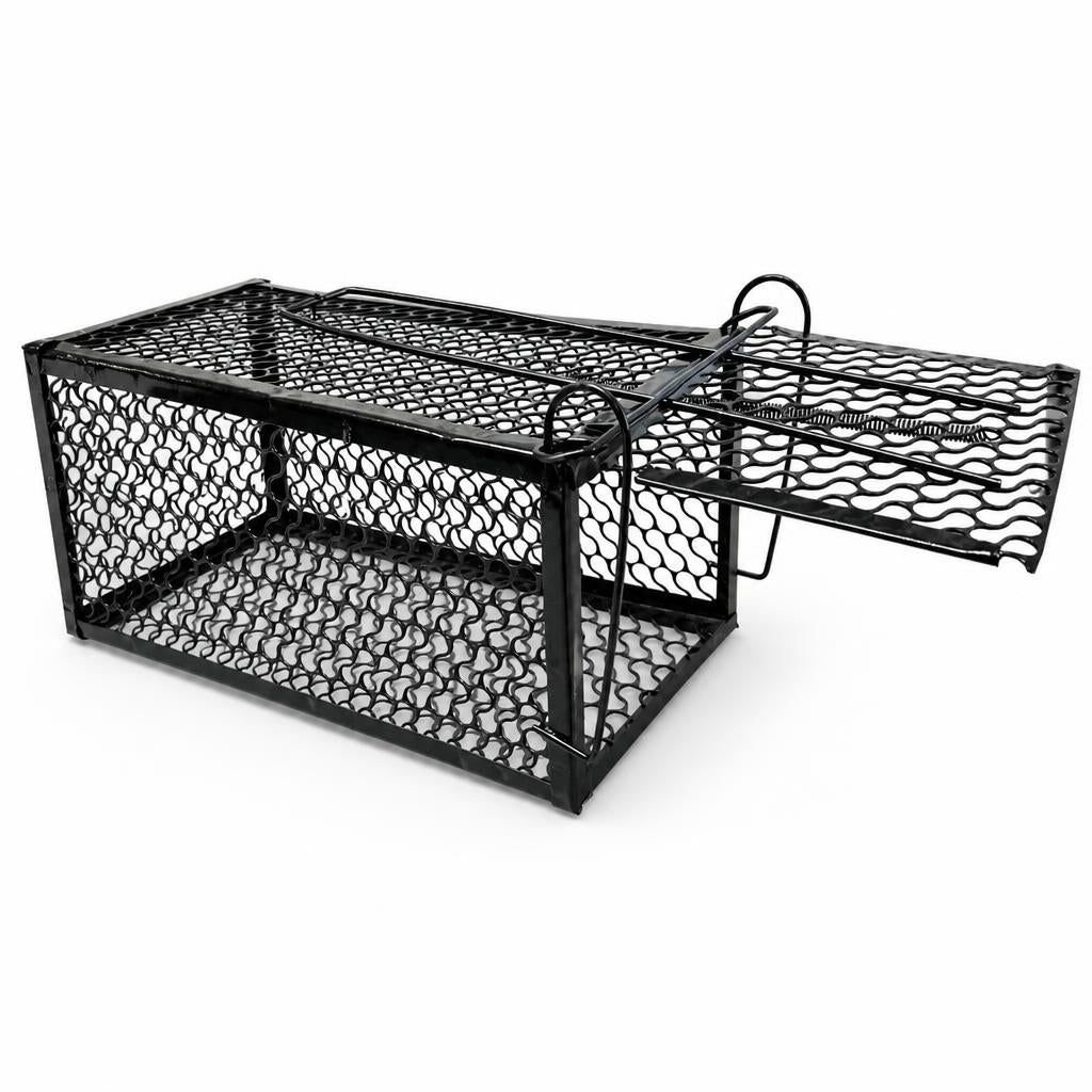Black metal rat cage trap with open gate