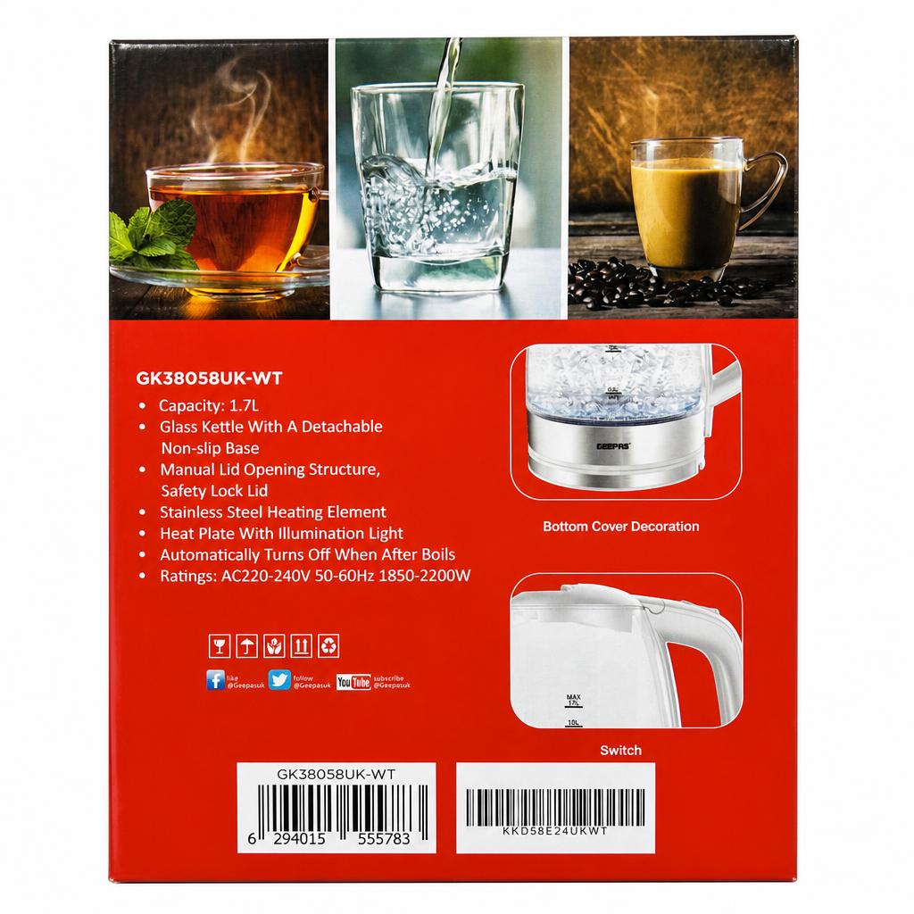 Geepas Electric Kettle GK38058UK-WT packaging back view